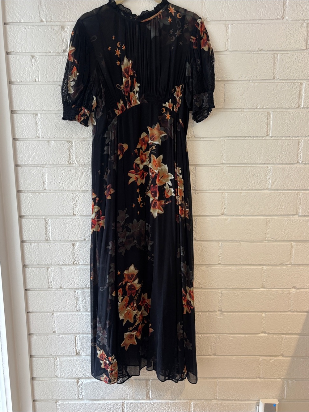 All Saints Black Floral Maxi Dress with Puff Sleeves and Lace detailing